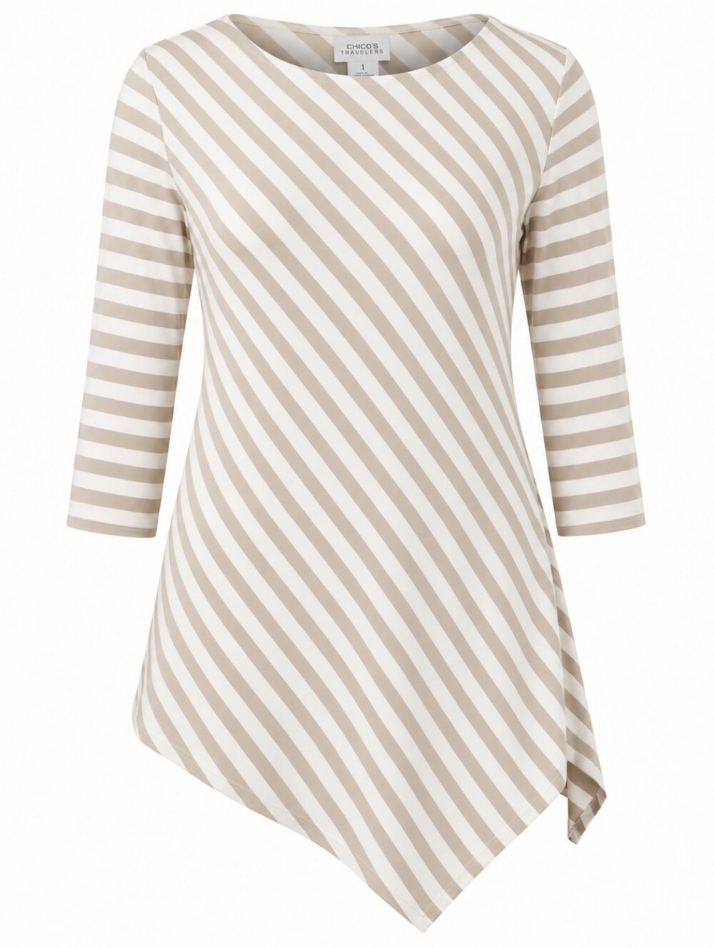 CHICO'S TRAVELERS | Striped Asymmetrical Slinky Travel Tunic Top Beige | L